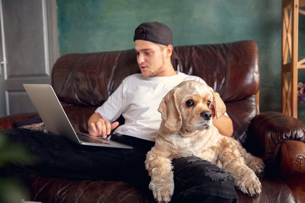 chico-sentado-con-perro-trabajando-en-portatil-curso-online-tecnicas-de estudio